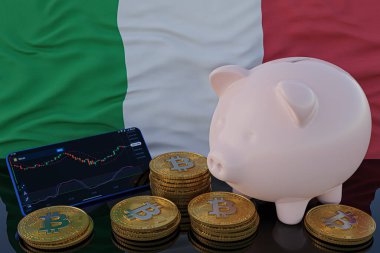 Bitcoin ve kripto para yatırımı. Arka planda İtalyan bayrağı. Domuz kumbarası, tasarruf konsepti. Hisse senedi ticareti için mobil uygulama. 3d resimleme.