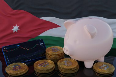 Bitcoin ve kripto para yatırımı. Arka planda Jordan bayrağı. Domuz kumbarası, tasarruf konsepti. Hisse senedi ticareti için mobil uygulama. 3d resimleme.