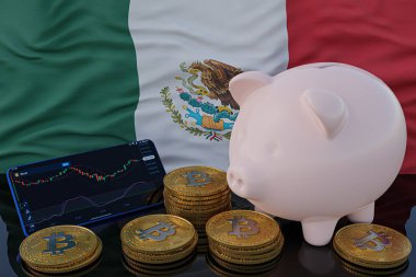 Bitcoin ve kripto para yatırımı. Arka planda Meksika bayrağı. Domuz kumbarası, tasarruf konsepti. Hisse senedi ticareti için mobil uygulama. 3d resimleme.