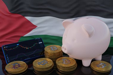 Bitcoin ve kripto para yatırımı. Arka planda Filistin bayrağı var. Domuz kumbarası, tasarruf konsepti. Hisse senedi ticareti için mobil uygulama. 3d resimleme.