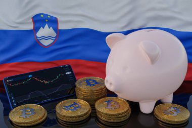 Bitcoin ve kripto para yatırımı. Arka planda Slovenya bayrağı. Domuz kumbarası, tasarruf konsepti. Hisse senedi ticareti için mobil uygulama. 3d resimleme.