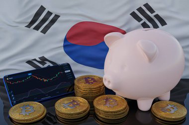 Bitcoin ve kripto para yatırımı. Arka planda Güney Kore bayrağı var. Domuz kumbarası, tasarruf konsepti. Hisse senedi ticareti için mobil uygulama. 3d resimleme.