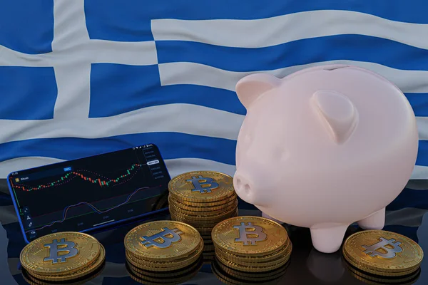 Bitcoin Och Cryptocurrency Investera Grekland Flagga Bakgrunden Grisbanken Sparkonceptet Mobil — Stockfoto