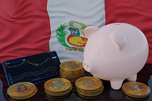 Bitcoin Criptomoeda Investindo Bandeira Peru Segundo Plano Piggy Bank Conceito — Fotografia de Stock