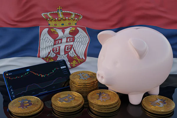 Bitcoin ve kripto para yatırımı. Arka planda Sırbistan bayrağı. Domuz kumbarası, tasarruf konsepti. Hisse senedi ticareti için mobil uygulama. 3d resimleme.