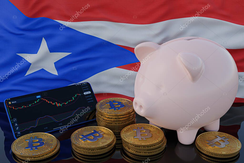 Bitcoin y criptomoneda de inversión. Bandera de Puerto Rico en segundo