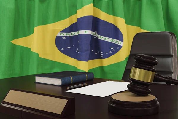 Law Justice Concept Gavel Wooden Desktop Brazilian Flag Background Render — Foto de Stock