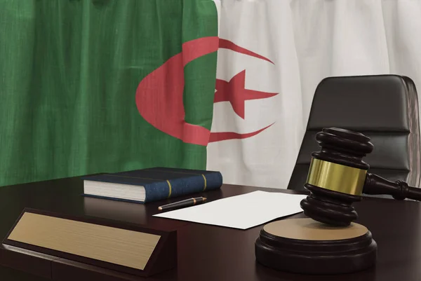 Law Justice Concept Gavel Wooden Desktop Algerian Flag Background Render — Stockfoto
