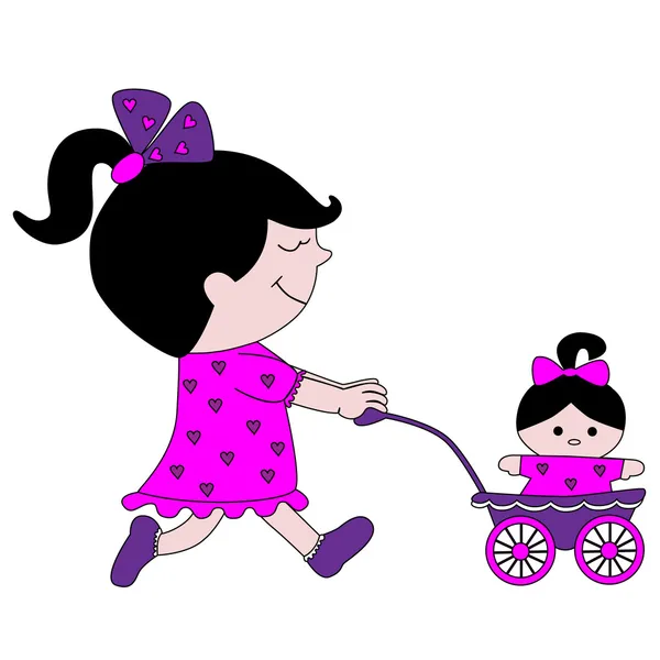 Küçük kız bir bebek ve bebek arabası — Stok Vektör