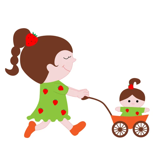Härlig liten tjej med en docka i vagnen — Stock vektor