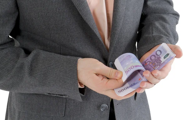 Empilhar notas de 500 euros em mãos masculinas — Fotografia de Stock
