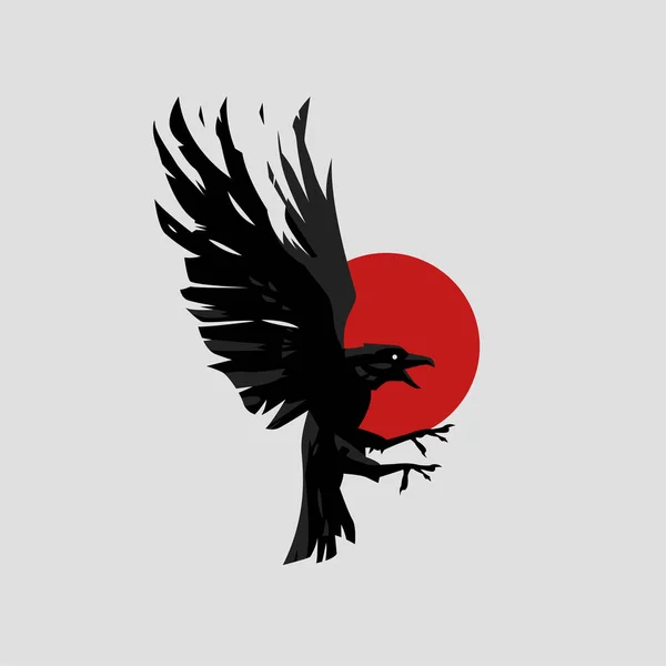 The raven opened its wings and trampled its paws against the background of the red sun. — Vettoriale Stock
