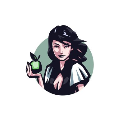 Rüzgarda dalgalanan saçları olan, elinde yeşil bir elma tutan bir kadın..