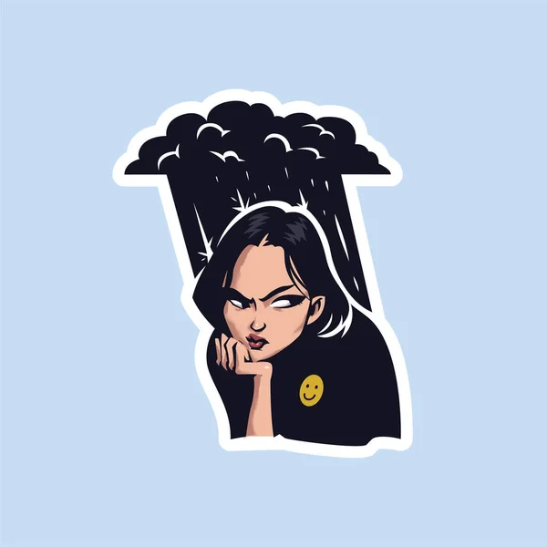 Una chica enojada con un emoji en el pecho. Por encima de ella cuelga una nube de relámpagos y lluvia proveniente de ella. Pegatina. Emoji. — Vector de stock