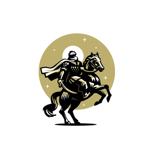 Мужчина-воин с закрытым лицом и плащом, воин, араб, бедуин, туарег. Лошадь встала. В руках меча. Стилизованная векторная иллюстрация. — стоковый вектор