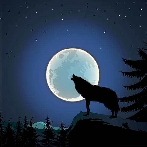 Lobo aullando a la luna llena — Vector de stock