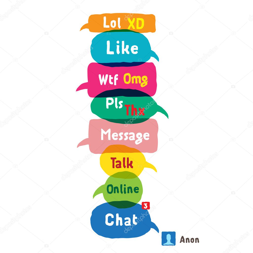 Most common used acronyms and abbreviations on multicolored speech bubbles