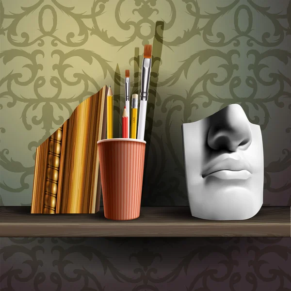 Davids nez et différentes pinceaux d'art, crayons en fiole sur l'étagère — Image vectorielle
