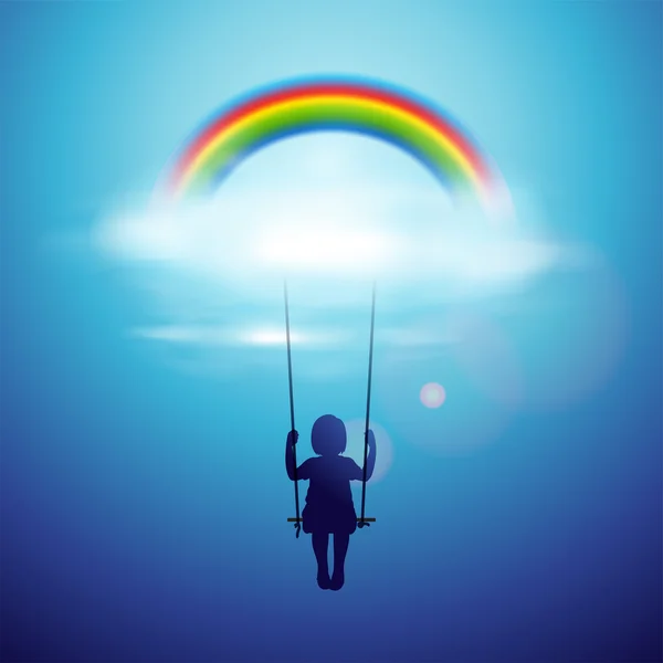 在云层中的彩虹下荡秋千的小女孩 — 图库矢量图片