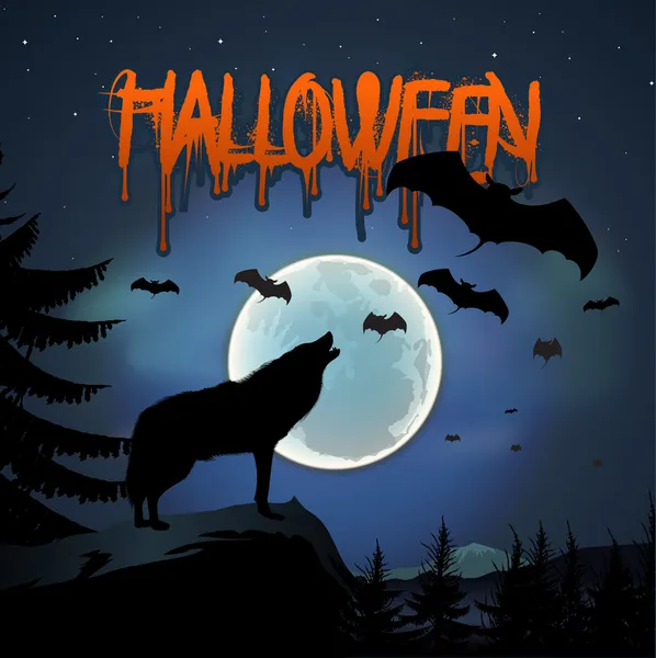 Halloween background with the wolf howls of moon, — Stock Vector