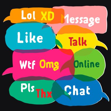 Speech bubbles with most common used acronyms clipart