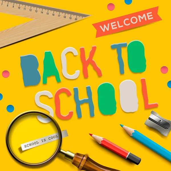 Bienvenido de nuevo a la escuela sobre fondo amarillo — Vector de stock