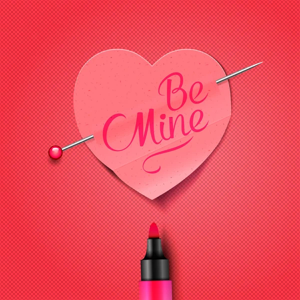 Be Mine - écrit par un marqueur sur un autocollant coeur en papier rouge — Image vectorielle