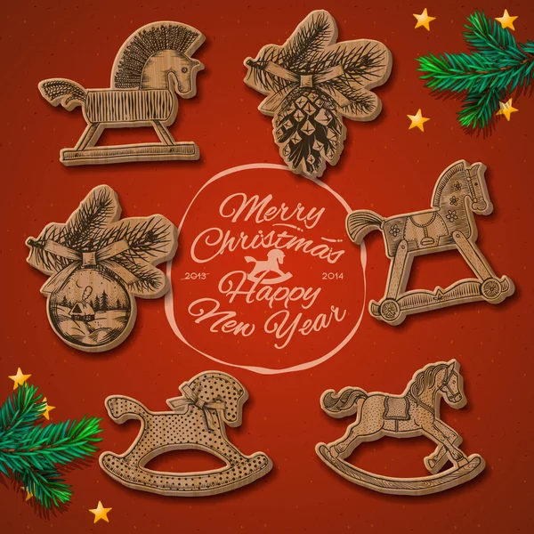 Carte de Noël avec jouets à bascule chevaux — Image vectorielle