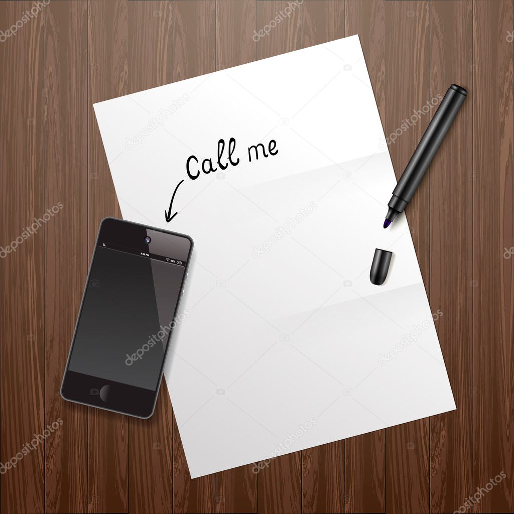 Blank white paper on wooden desk with mobile phone