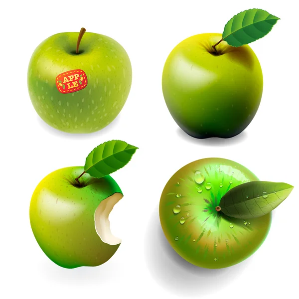 Conjunto de manzanas verdes maduras, cuatro vistas diferentes — Vector de stock