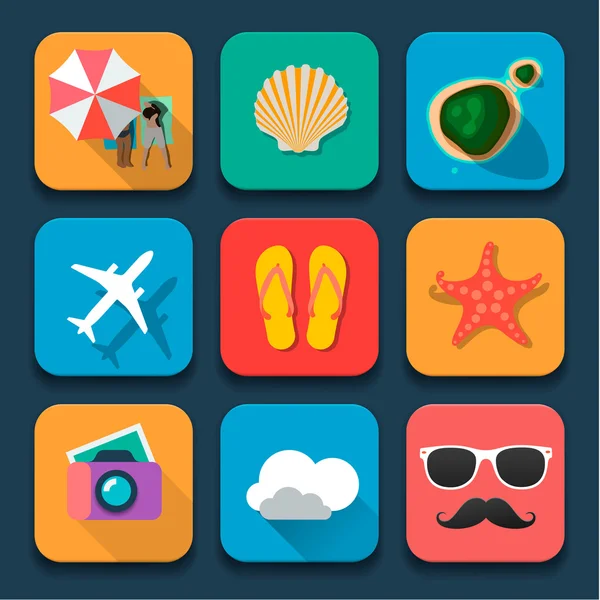 Viaje de verano Conjunto de iconos de diseño plano — Vector de stock