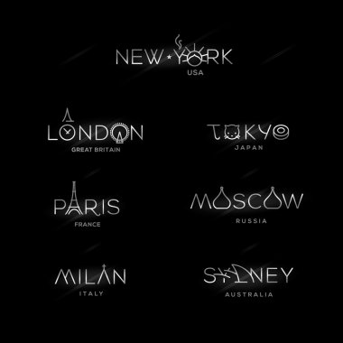 Dünya şehirler etiketleri - new york, Milano, paris, Londra, tokyo, Moskova, sydney.