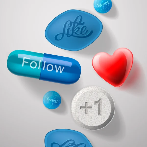 Médias sociaux addiction, pilules capsules isolées — Image vectorielle