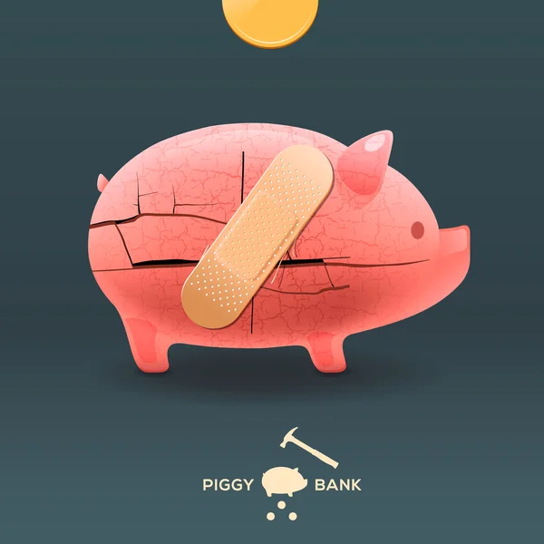 Piggy rompiendo una caja de dinero con un yeso pegado — Vector de stock