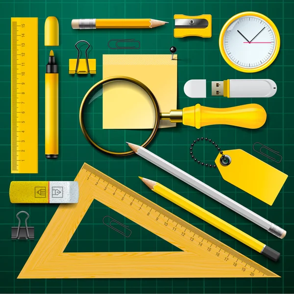 Yellow school supplies with green background — Stock Vector