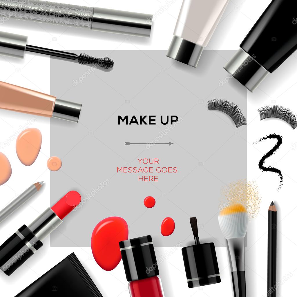 Makeup template with collection of make up cosmetics