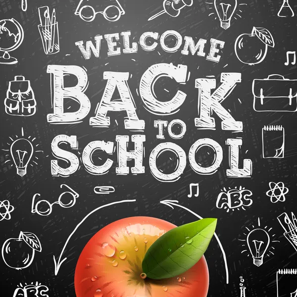 Welcome back to school background with red apple — Stock Vector