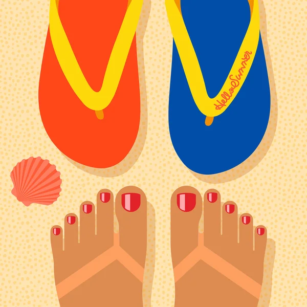 Hello summer, self shoot feet on the beach — Stock Vector