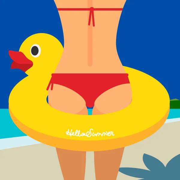 Ciao Summer, parte posteriore femminile con anello di gomma — Vettoriale Stock