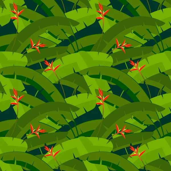 Tropische Palmenblätter mit roten Helikonia-Blüten, nahtloses Muster — Stockvektor