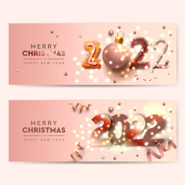 Set di banner orizzontali Natale e Felice Anno Nuovo 2022 Vettoriali Stock Royalty Free