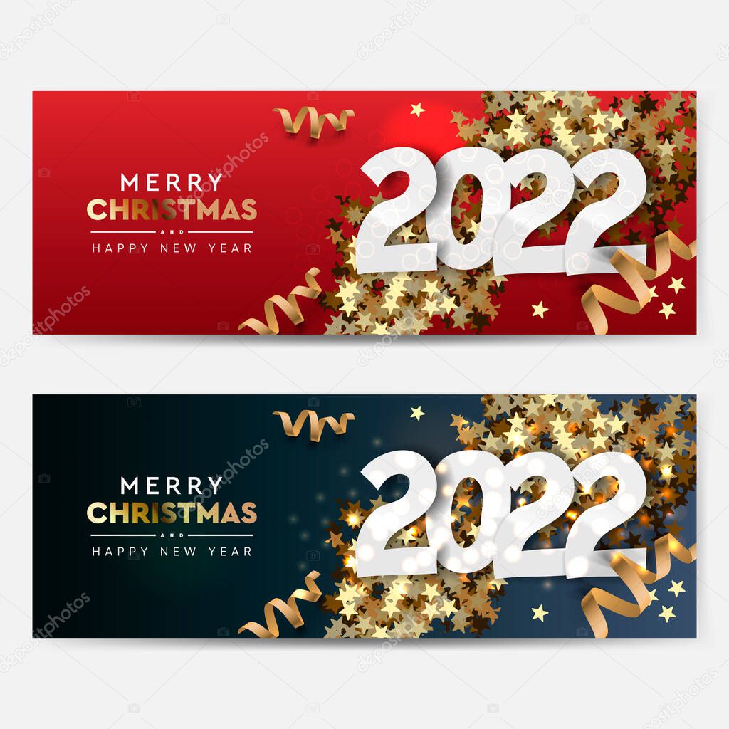 Set of Christmas and Happy New Year 2022 horizontal banners