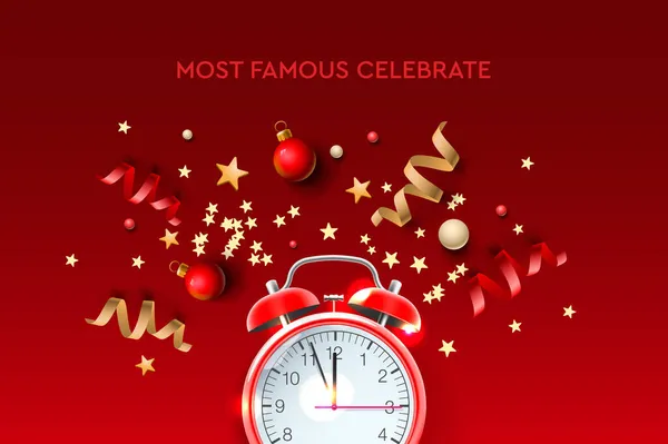 クリスマスと新年を祝うための時間。目覚まし時計、星、ストリーマーとフラットレイアウトデザイン — ストックベクタ