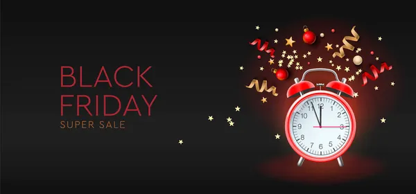 Black Friday Sale. Conceito de marketing criativo com despertador, estrelas, streamers — Vetor de Stock