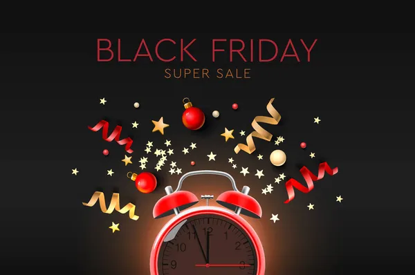 Vente Black Friday. Concept marketing créatif avec réveil, étoiles, streamers — Image vectorielle