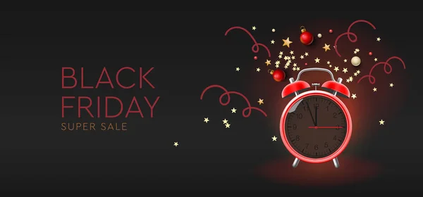 Vente Black Friday. Concept marketing créatif avec réveil, étoiles, streamers — Image vectorielle