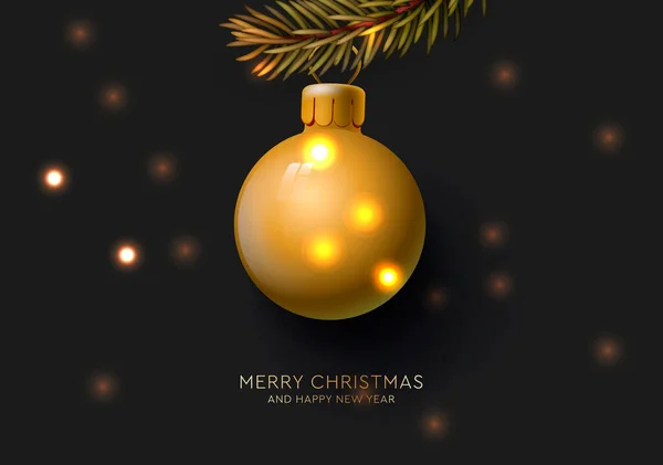 Buon Natale e felice anno nuovo. Palla d'oro di Natale. Decorazione natalizia bauble in oro, appeso al ramo di abete rosso — Vettoriale Stock