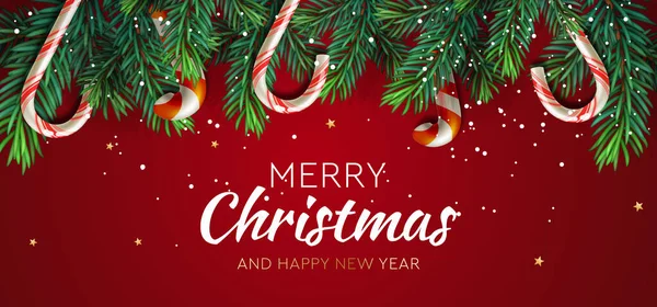 メリークリスマスのバナー、クリスマスパーティー。赤い背景にハンギングロリポップ付きのモミの木。スタイリッシュなレタリング。雪の結晶 — ストックベクタ