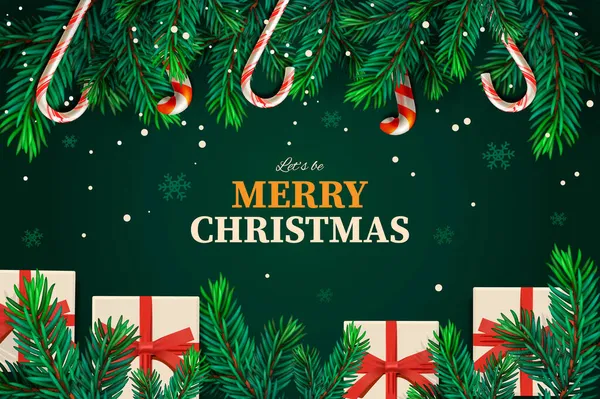 Feliz banner de Natal, festa de Natal. Ramo de abeto com pirulitos pendurados e caixas de presente — Vetor de Stock