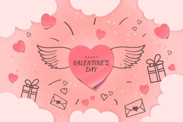 Valentines day background with winged heart. Romantic banner, greeting card, flyer and holiday poster — Stockvector